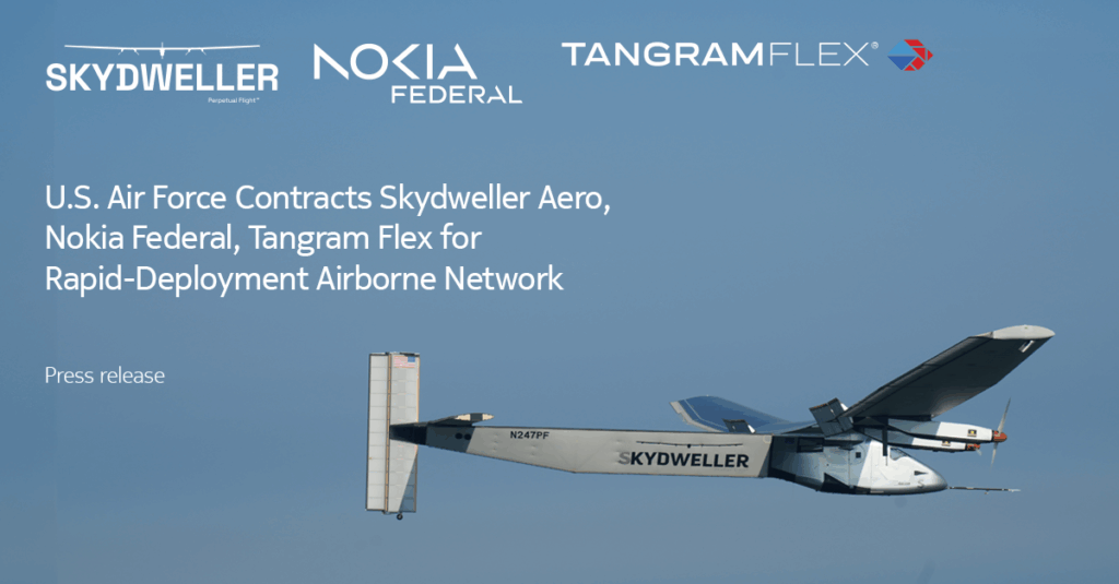 Skydweller solar-powered aircraft in flight, to be used for U.S. Air Force rapid-deployment airborne network project.