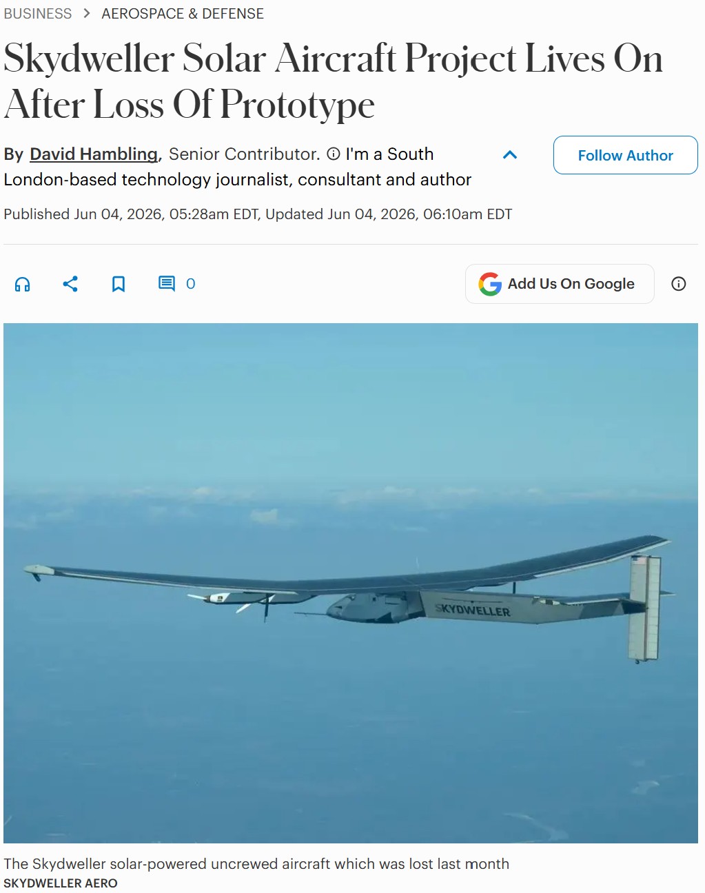 Skydweller Solar Aircraft featured in Forbes FLEX 26 coverage