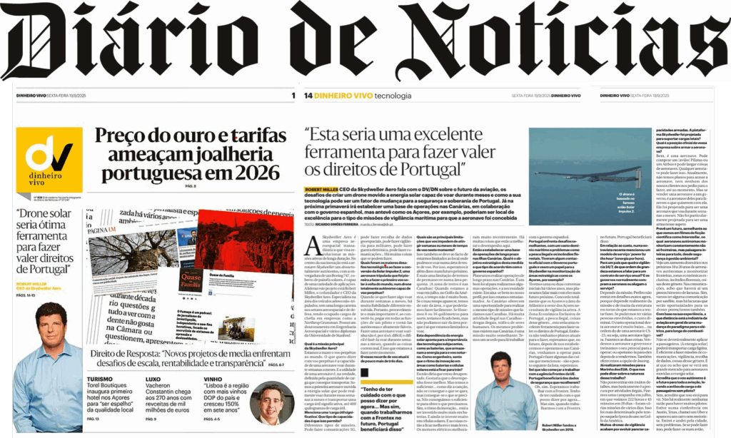 Skydweller Aero featured in Portugal’s newspaper of record, Diário de Notícias, for its solar-powered autonomous aircraft and maritime surveillance capabilities