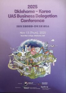 Poster for the 2025 Oklahoma–Korea UAS Business Delegation Conference featuring aerospace and drone technology imagery